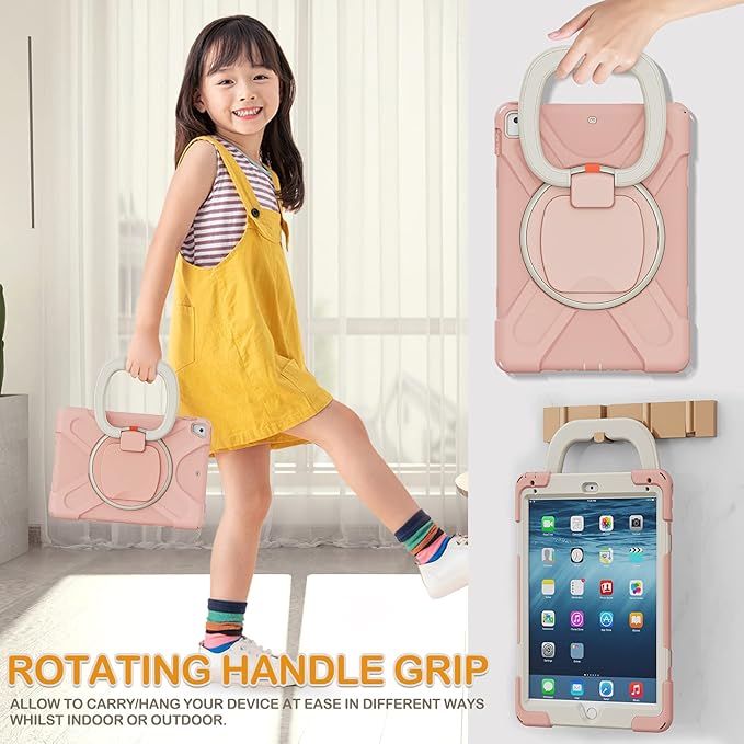 BRAECN Kids iPad Case, Rugged Silicone Cover with Hand Grip, Pencil Holder, Shoulder Strap, Stable Kickstand for iPad 9.7 inch 2018/2017/2016/2014 Rose Gold