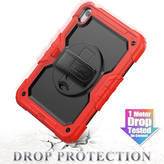 SEYMAC stock Case for iPad (A16) 11th/10th Generation 11''/10.9'' 2025/2022, Full-Body Drop Protection Case with Screen Protector &360° Rotate Hand Strap/Stand, Black+Red