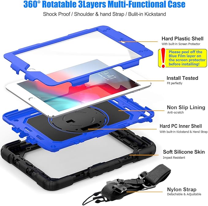 SEYMAC stock Case for iPad mini 5/4 with Screen Protector Pencil Holder [360 Rotating Hand Strap] & Stand, Drop-Proof Case for iPad mini 5th/4th Generation 7.9 inch (Blue+Black)