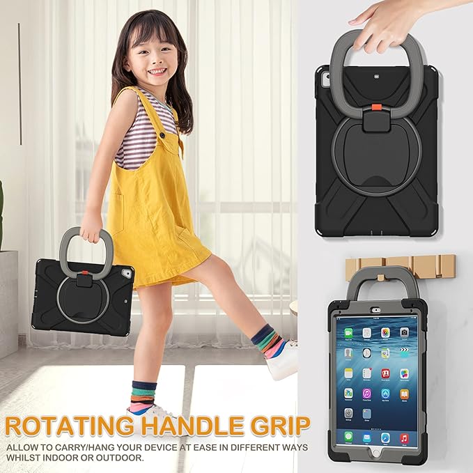 BRAECN Case for iPad 9.7 Inch 6th/5th Generation 2018/2017, iPad Air 2, 3-Layer Protective Silicone Cover with Pencil Holder/Hand Grip/Kickstand/Shoulder Strap for iPad 5th/6th Generation-Black+Grey