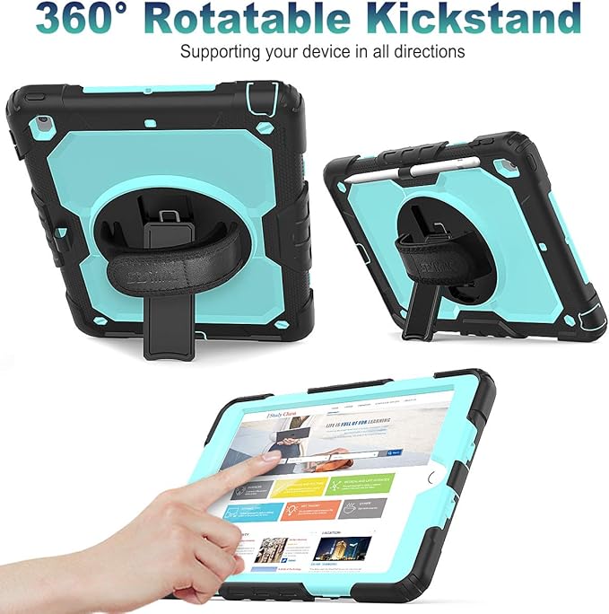 SEYMAC stock Case for iPad 9th/ 8th/ 7th Generation 10.2'', Shockproof with Screen Protector, Pencil Holder [360° Rotating Hand Strap] & Stand, for iPad 10.2 inch 2021-2019 (SkyBlue+Black)