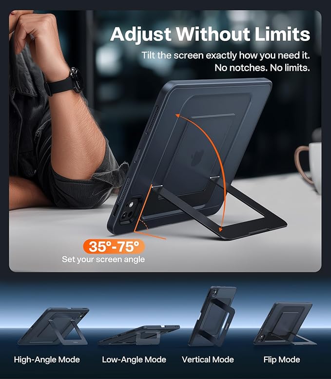 TORRAS Ostand for iPad Pro 11 inch Case 4th/3rd/2nd/1st Generation 2022 2021 2020 2018 with Sturdy Kickstand, Slim Bend-Proof, Adjustable Stand, Any-Angle Viewing, Built-in Pencil Holder, Black