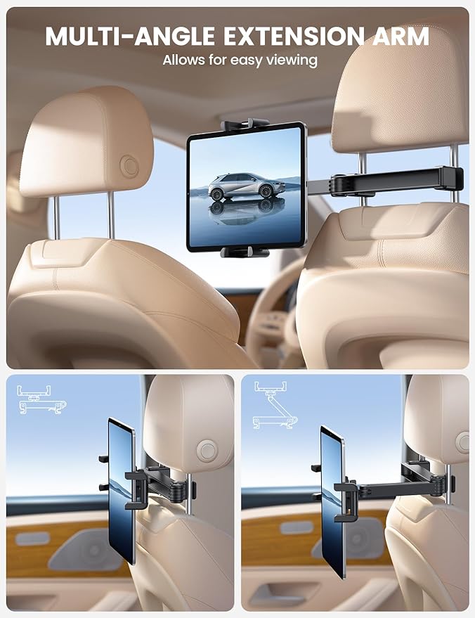 Lamicall Car Headrest Tablet Holder - [Lockable] [Thick Case Friendly] [Foldable Clip] Car Backseat Tablet Mount, Car Accessories for Kids, for iPad Pro, Air, Mini, Galaxy, Fire HD, 4.7-13" Tablets