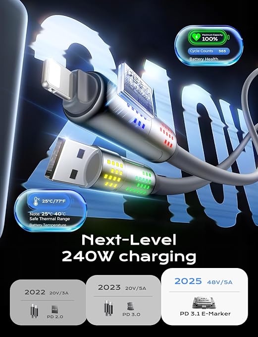 MAGIC JOHN 240W 4 in 1 Charging Cable, 6.6FT USB C to Lightning Cable [MFi Certified], Chubby USB A/C to C/Lightning with Light for iPhone/MacBook/iPad/Samsung/Switch 2, Multi Chargers for All Devices