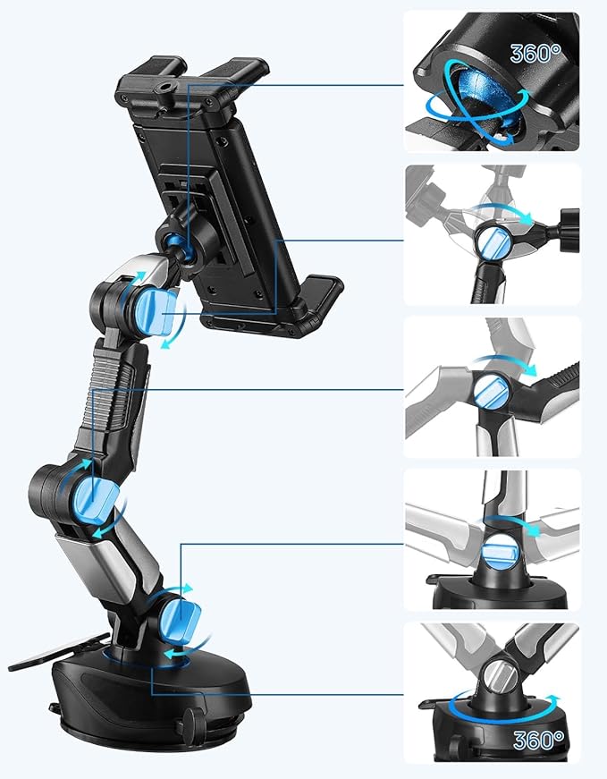JOYTUTUS 5-in-1 Car Phone Holder & Tablet Mount, Universal Dashboard Windshield Suction Cup Stand with 360° Rotation, Fits for iPhone, Samsung Z Fold 7/6/5, All Foldable Phones and 4.7-12.9" iPad