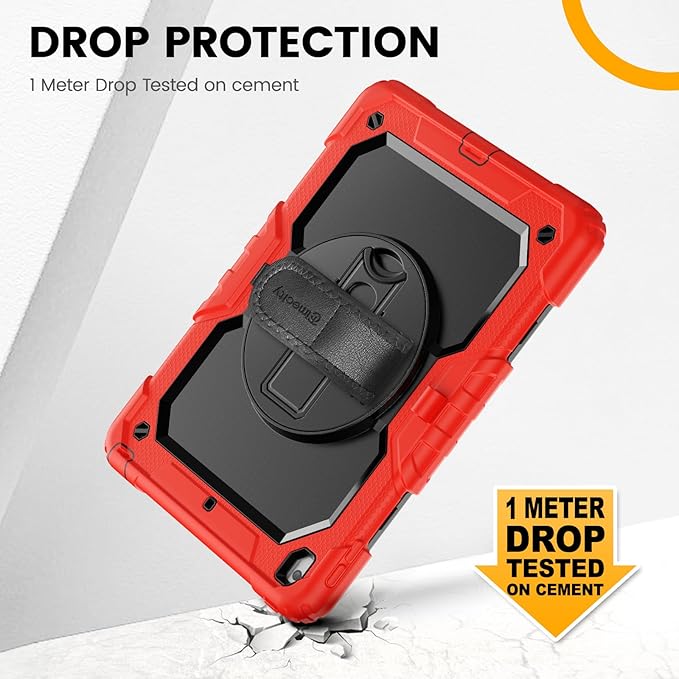 Timecity Case for iPad 9th/ 8th/ 7th Generation 10.2 inch - Heavy Duty Protective Cover with Screen Protector, Rotating Stand, Shoulder Strap & Pencil Holder | Kids-Friendly (Red)