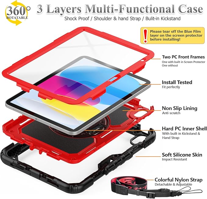 SEYMAC stock Case for iPad (A16) 11th/10th Generation 11''/10.9'' 2025/2022, Full-Body Drop Protection Case with Screen Protector &360° Rotate Hand Strap/Stand, Red+SiliconeBlack