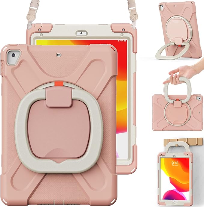 BRAECN Kids iPad Case, Rugged Silicone Cover with Hand Grip, Pencil Holder, Shoulder Strap, Stable Kickstand for iPad 9.7 inch 2018/2017/2016/2014 Rose Gold