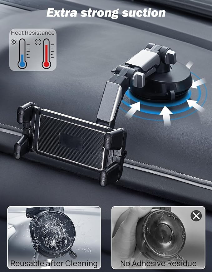 JOYTUTUS 5-in-1 Car Phone Holder & Tablet Mount, Universal Dashboard Windshield Suction Cup Stand with 360° Rotation, Fits for iPhone, Samsung Z Fold 7/6/5, All Foldable Phones and 4.7-12.9" iPad