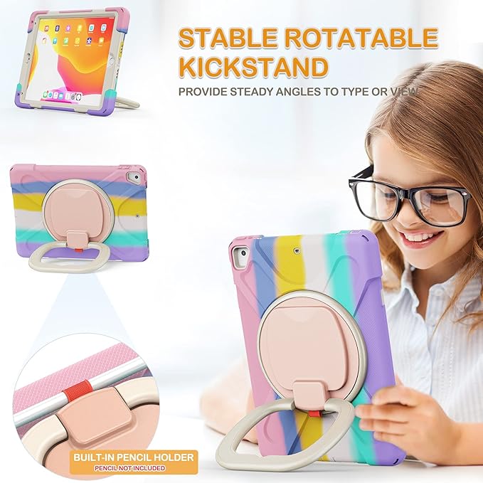 BRAECN for 9.7” iPad 6th/5th Generation Cases, iPad Air 2/ iPad Pro 9.7 Kids Case-Heavy Duty Silicone Cover with Stable Kickstand, Multi-Functional Grip, Carrying Strap, Pencil Holder-Colorful Pink