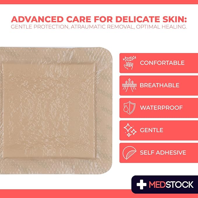 MEDSTOCK Silicone Foam Lite Dressing with Border, 6"x6" (Pack of 5), Comfortable Healing for Wounds, Waterproof, Gentle & Secure Adhesion