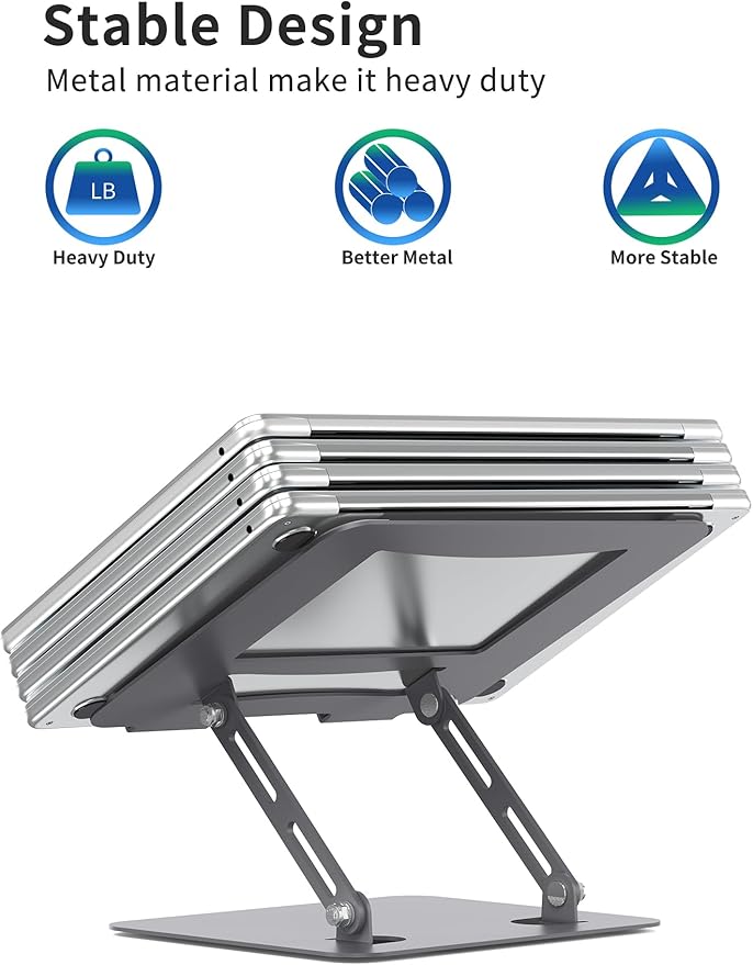 SOUNDANCE Laptop Stand for Desk with Stable Heavy Base, Adjustable Height Multi-Angle, Ergonomic Metal Riser Holder, Foldable Mount Elevator, Compatible with 10 to 15.6 Inches PC Computer, Grey