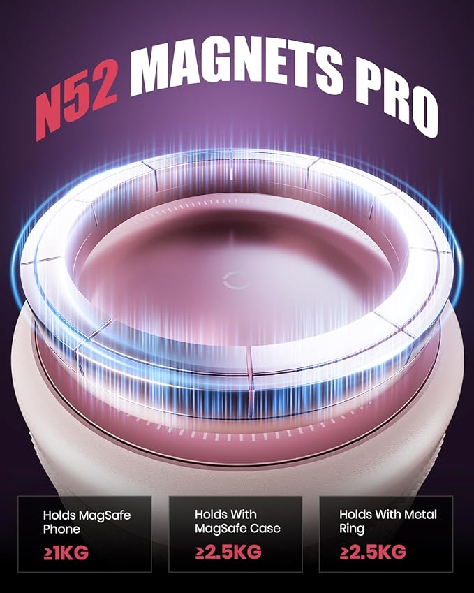 Upgraded 360° Vacuum Magnetic Car Phone Holder for Magsafe [96+LBS Strongest Suction & 2800gf Strongest Magnetic], Adjustable Car Phone Mount for Your Car/Gym/Mirror for iPhone & Android, Light Pink