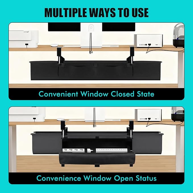 No Drill Under Desk Cable Management Tray - 36" Premium Fabric Cord Organizer for Table - with Silicone Pads & Cable Ties & Sticky Notes - Supports Up to 30lbs for Office & Home