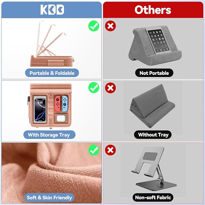 KDD Tablet Pillow Stand with Storage, Foldable iPad Holder for Bed, Lap and Desk, Angle Adjustable Soft Pad Dock with Stylus Mount Compatible with iPad Pro 12.9, 10.5, 11, Air, Mini, Phones, Books