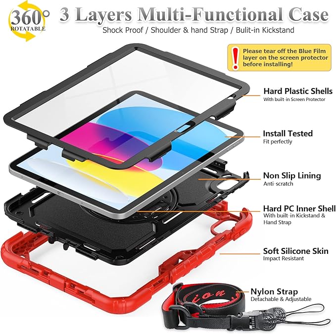 SEYMAC stock Case for iPad (A16) 11th/10th Generation 11''/10.9'' 2025/2022, Full-Body Drop Protection Case with Screen Protector &360° Rotate Hand Strap/Stand, Black+Red
