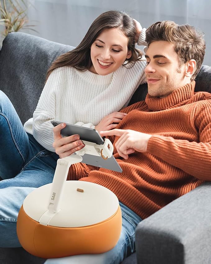 SAIJI Tablet Holder Pillow, Kindle Holder Compatible with 4.7-15.6” Kindle, Phone, Portable Monitor, 360° Adjustable Tablet Stand for Bed with Flexible Dual Axis Arm&Microbead Cushion (Orange)