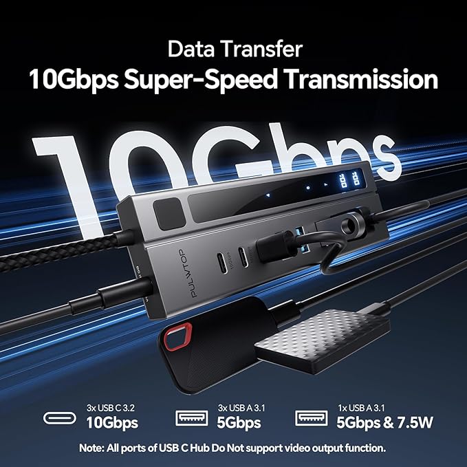 Powered USB C Hub, 9-in-1 USB-Hub suppprt 10Gbps & PD 45W Max Charging(Not Support Video), USB Powered Hub with 3 USB-C, 4 USB-A for Laptop, MacBook, iPad and More (72W Adapter Included)