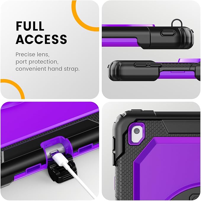 Timecity Case for iPad 9th/ 8th/ 7th Generation 10.2 inch - Heavy Duty Protective Cover with Screen Protector, Rotating Stand, Shoulder Strap & Pencil Holder | Kids-Friendly (Purple)