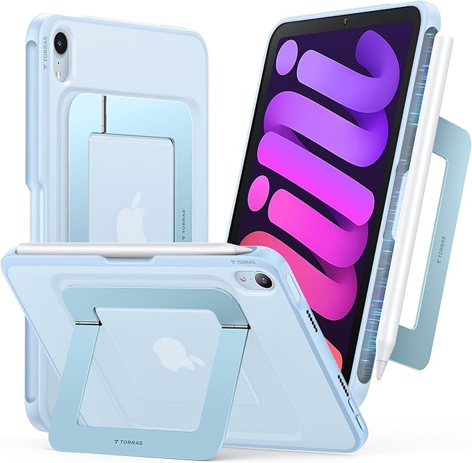TORRAS for iPad mini 7 A17 Pro Case, iPad mini 6 Case with Pencil Holder, Ultra Stable Stand, Multiple Adjustable Viewing Angles, Slim Protective Kickstand Cover, Translucent iPad mini 6th Case, Blue
