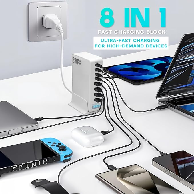 USB C Charger 380W USB C Charger Block, 8 Port Gan Fast Type C & USB Laptop Desktop Charger Adapter for Laptop, MacBook Pro/Air, iPhone, Ipad, Samsung Galaxy, Android, for Travel Home Office Use