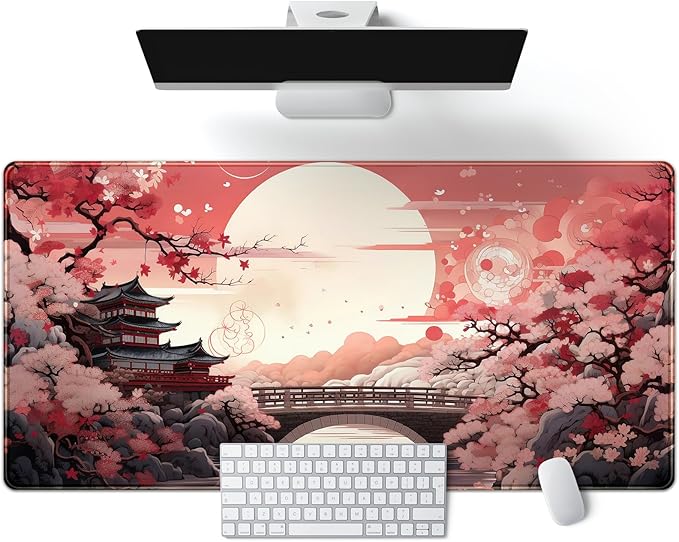 Pink Full Moon Desk Mat Japanese Sakura Blossom Large Mouse Pad Extended Japan Aesthetic Gaming Mousepad XXL Keyboard Pad Mouse Mat 31.5''X15.7'' Desk Pad Office Decor