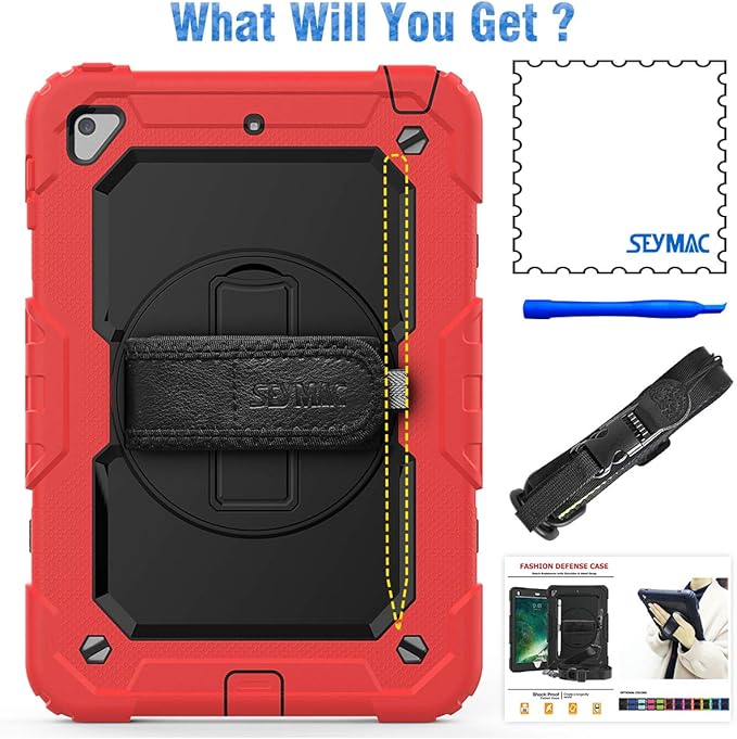 SEYMAC stock Case for iPad mini 5/4 with Screen Protector Pencil Holder [360 Rotating Hand Strap] & Stand, Drop-Proof Case for iPad mini 5th/4th Generation 7.9 inch (Black+Red)