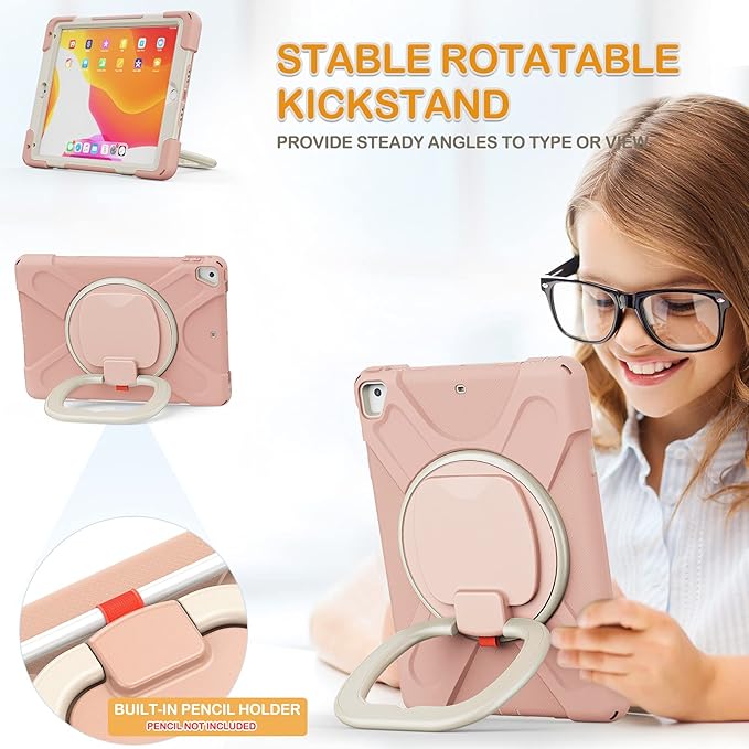 BRAECN Kids iPad Case, Rugged Silicone Cover with Hand Grip, Pencil Holder, Shoulder Strap, Stable Kickstand for iPad 9.7 inch 2018/2017/2016/2014 Rose Gold