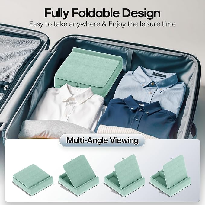 KDD Tablet Pillow Stand with Storage, Foldable iPad Holder for Bed, Lap and Desk, Angle Adjustable Soft Pad Dock with Stylus Mount Compatible with iPad Pro 12.9, 11, Air, Mini, Phones, Books (Green)