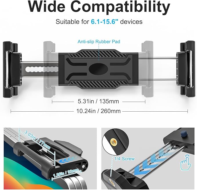 Car Dashboard Windshield Tablet Holder, [Strong Suction Cup & Metal Adjustable Arm] Vehicle/Truck Mount for iPad Pro 12.9/ Air/Mini, Galaxy Tab, All 6.1-15.6" Tablet and Phone