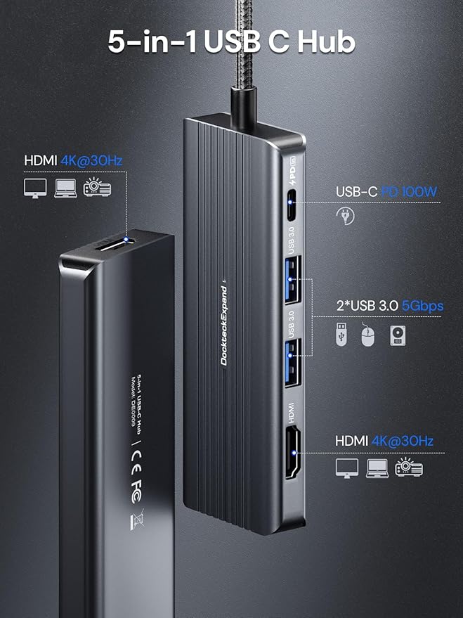 USB C to HDMI, Dual Monitor Adapter, DockteckExpand 5 in 1 Hub with 2 HDMI 4K, 2 USB 3.0, PD 100W Charging, USB C to MultiPort Adapter for Dell, HP, MacBook and Type C Devices