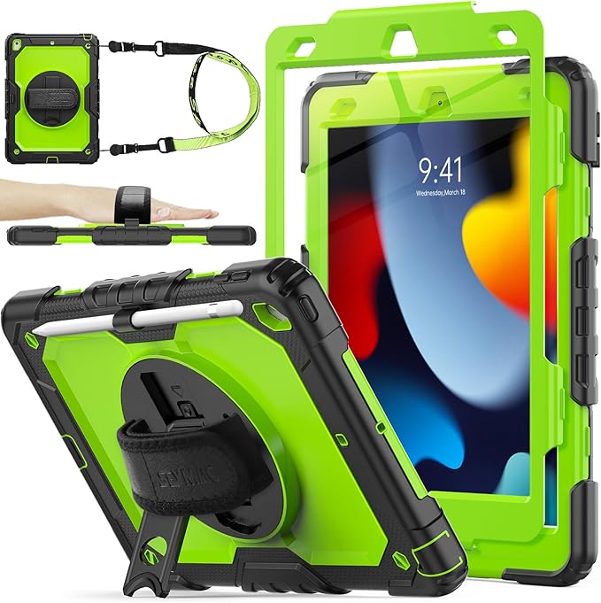 SEYMAC stock Case for iPad 9th/ 8th/ 7th Generation 10.2'', Shockproof with Screen Protector, Pencil Holder [360° Rotating Hand Strap] & Stand, for iPad 10.2 inch 2021-2019 (Green+Black)