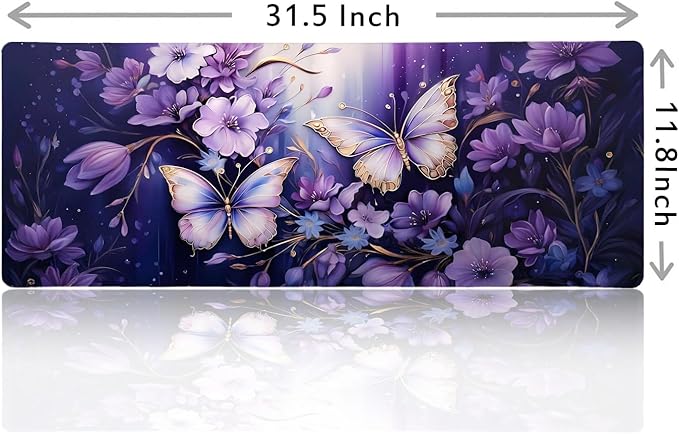 Gold Butterfly Desk Pads, Purple Floral Large Mousepad, Flowers Desk Mats, Modern Beutiful Extended Mouse Pad for Laptop, Gaming Pad for Women Girls Computer Office, 31.5x11.8 in