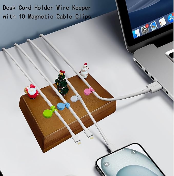 Magnetic Cord Holder Solid Wood Bigger Cable Organizer with 10pcs Magnet Clips for Charger Management on Desktop, Nightstand, or Side Table (Walnut)