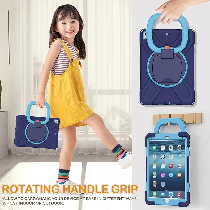 BRAECN Silicone Case for iPad 9.7 Inch 6th/5th Generation, iPad Pro 9.7, iPad Air 2, Triple Protected Rugged Cover with Stable Kickstand/Hand Grip/Pencil Holder/Shoulder Strap for Kids-Navy+Blue