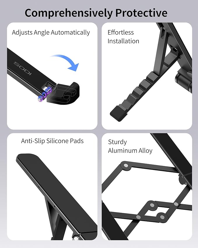 SODI 2025 Foldable Laptop Stand for Desk - Bi-fold Ergonomic Spring Adjustable Computer Holder, 3 in 1 Metal Portable Laptop Stand for Notebook, Phone, Tablet,10-16", Desk & Travel Use