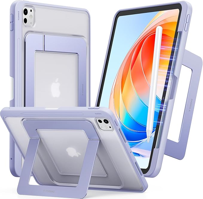 TORRAS for iPad Pro 11 inch Case 2025 M5 & 2024 M4, Ultra Stable Stand, Multiple Adjustable Viewing Angles, Slim Protective Kickstand Cover, Translucent iPad 11 Pro Case with Pencil Holder, Purple