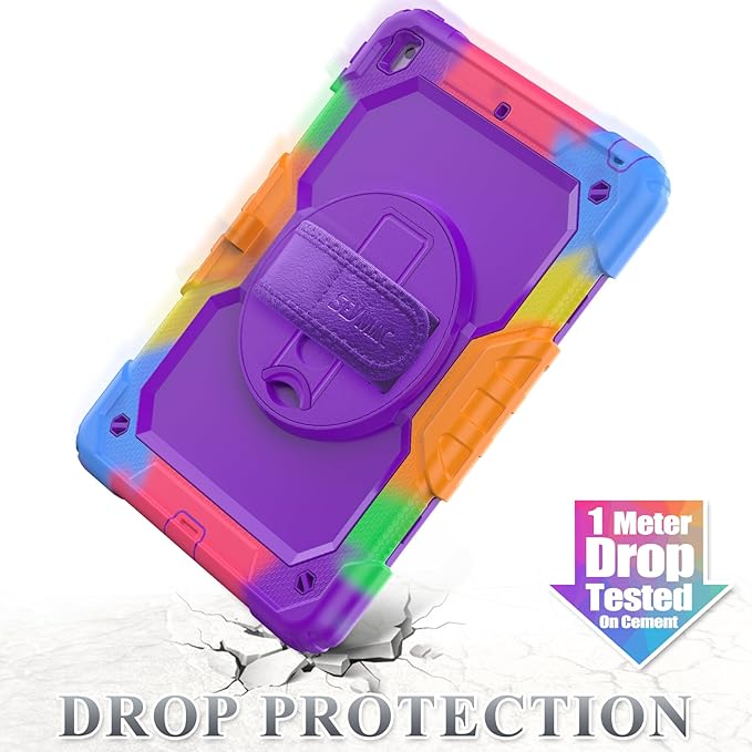 SEYMAC stock Case for iPad 9th/ 8th/ 7th Generation 10.2'', Shockproof with Screen Protector, Pencil Holder [360° Rotating Hand Strap] & Stand, for iPad 10.2 inch 2021-2019 (Purple+Colorful)