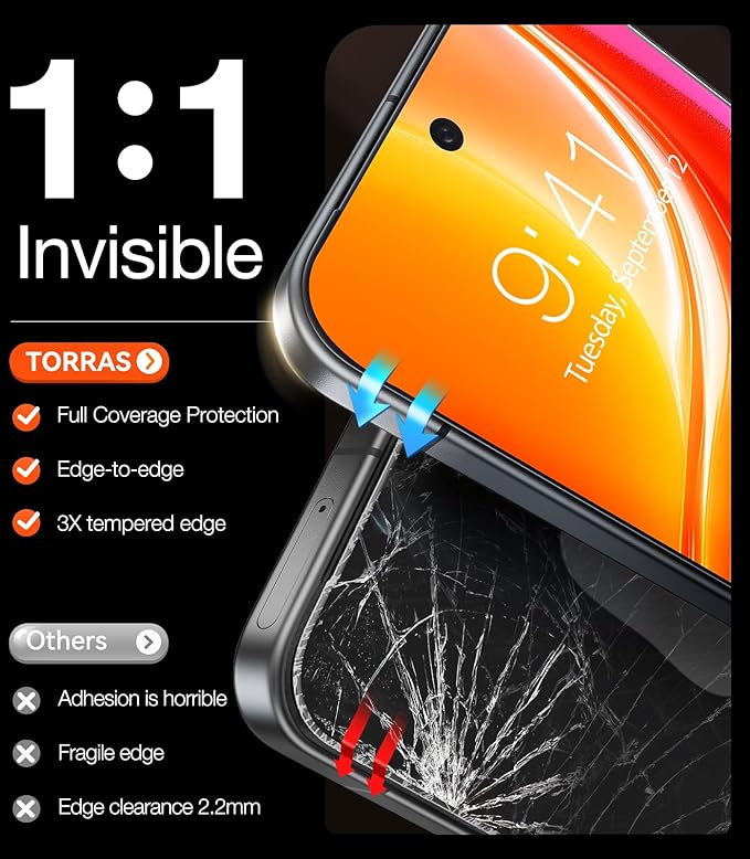 TORRAS Military-Grade for Google Pixel 10 Pro XL/Pixel 9 Pro XL Screen Protector, [9H+] Full Coverage Tempered Glass, 6.8'', Easy Install, Bubble-Free, Case-Friendly, Fingerprint Compatible, 2-Pack