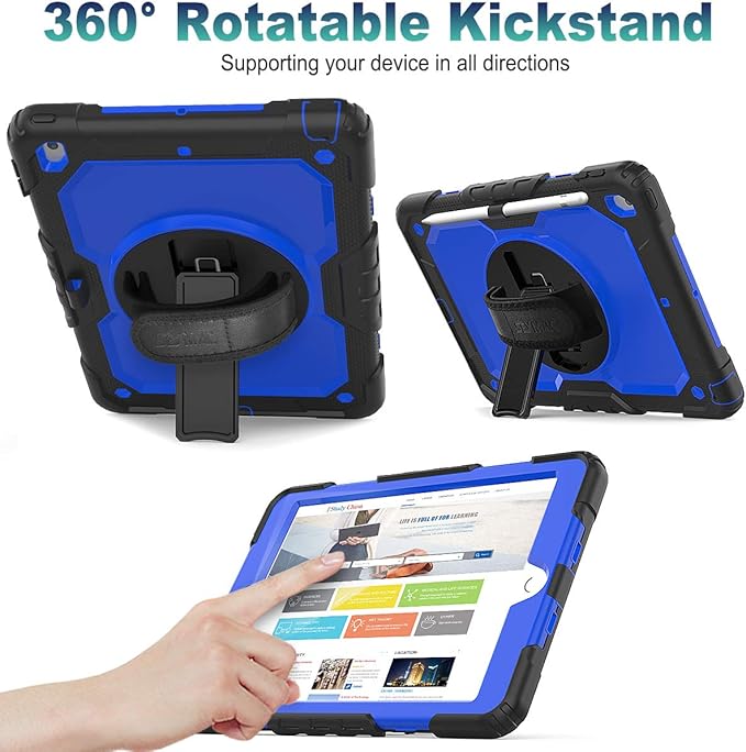 SEYMAC stock Case for iPad 9th/ 8th/ 7th Generation 10.2'', Shockproof with Screen Protector, Pencil Holder [360° Rotating Hand Strap] & Stand, for iPad 10.2 inch 2021-2019 (Blue+Black)