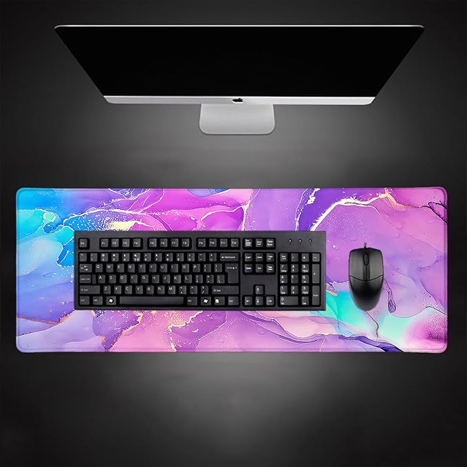 Pink Marble Large Mouse Pad, Purple & Blue Golden Desk Mat, Modern Abstract Computer Desk Pads for Office, Non-Slip Laptop Computer Pad, 31.5x11.8 in