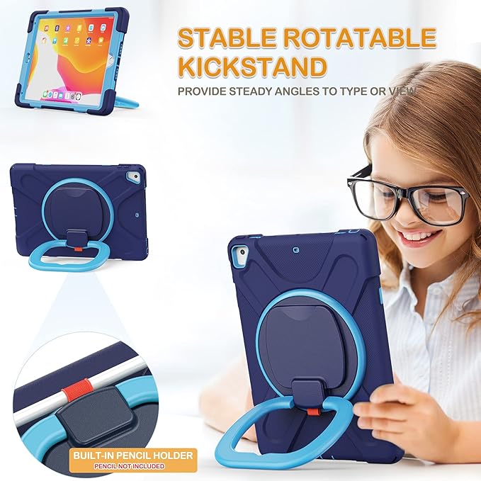 BRAECN Silicone Case for iPad 9.7 Inch 6th/5th Generation, iPad Pro 9.7, iPad Air 2, Triple Protected Rugged Cover with Stable Kickstand/Hand Grip/Pencil Holder/Shoulder Strap for Kids-Navy+Blue