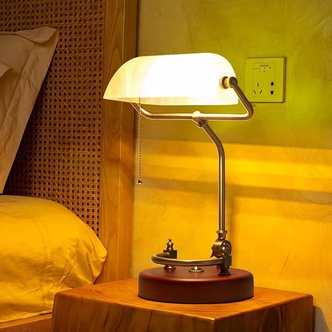 Bankers Lamp, Traditional White Desk Lamp with Solid Birch Wood Base, White Glass Antique Library Lamp with Pull Chain Switch, Plug in Vintage Bankers Desk Lamp for Office, Study Room 【E26 Socket】