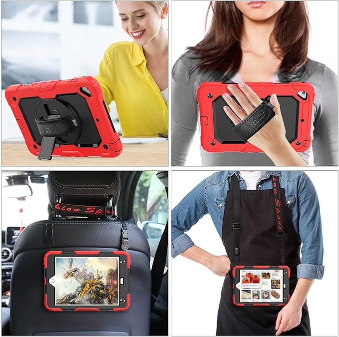 SEYMAC stock Case for iPad mini 5/4 with Screen Protector Pencil Holder [360 Rotating Hand Strap] & Stand, Drop-Proof Case for iPad mini 5th/4th Generation 7.9 inch (Black+Red)