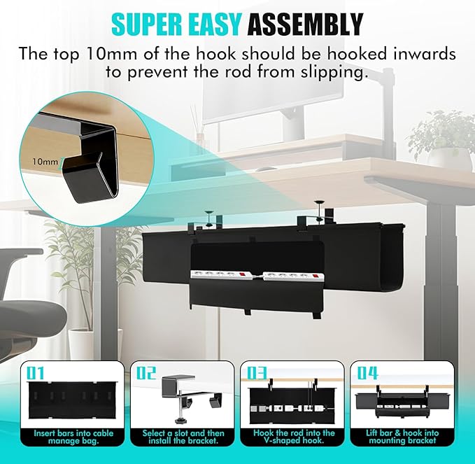 No Drill Under Desk Cable Management Tray - 36" Premium Fabric Cord Organizer for Table - with Silicone Pads & Cable Ties & Sticky Notes - Supports Up to 30lbs for Office & Home