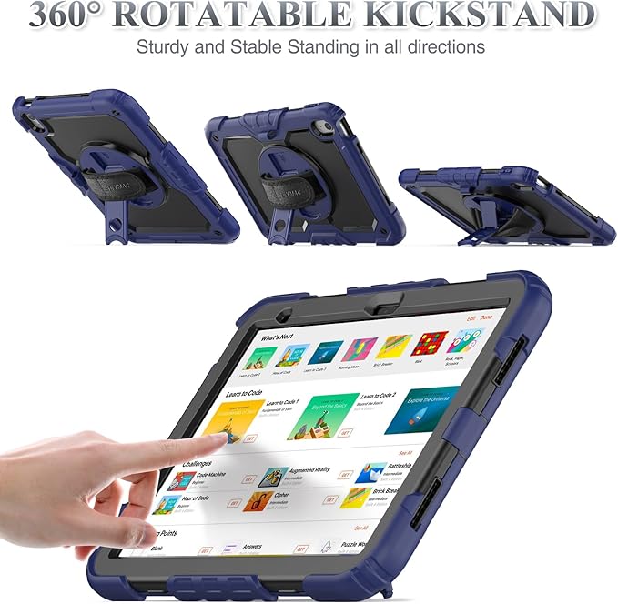 SEYMAC stock Case for iPad (A16) 11th/10th Generation 11''/10.9'' 2025/2022, Full-Body Drop Protection Case with Screen Protector &360° Rotate Hand Strap/Stand, Navy Blue