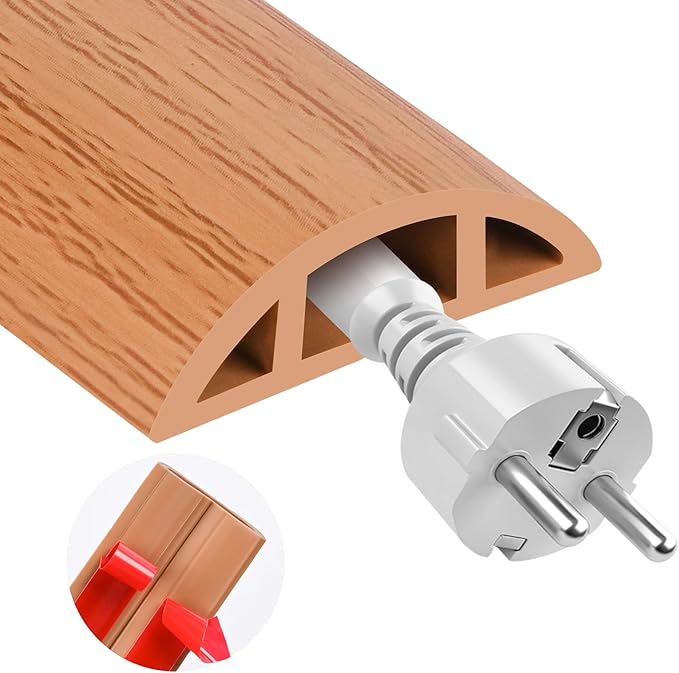 MYFAMIREA 5FT Floor Cord Cover for Wire Self Adhesive Cable Cavity Management PVC Extension Cord Hider Power Floor Wire Protector Cover Prevent Cable Trip for Office Home Outdoor (Brown Wood, 1.97'')