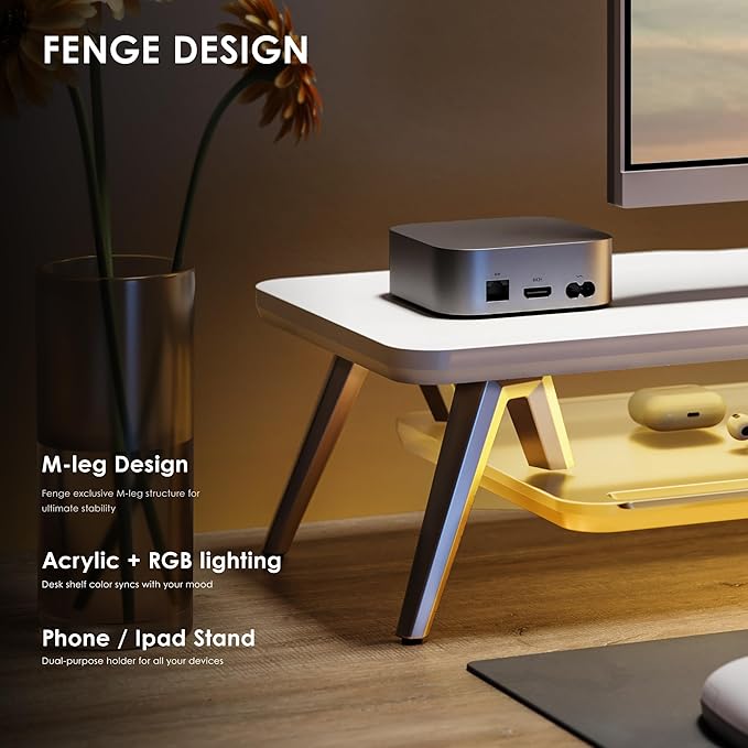 Fenge Dual Monitor Stand, 2 Tiers Acrylic Monitor Riser with LED Lights, 42.5 Inch Wood and Aluminum Desk Shelf with Phone and Tablet Holder