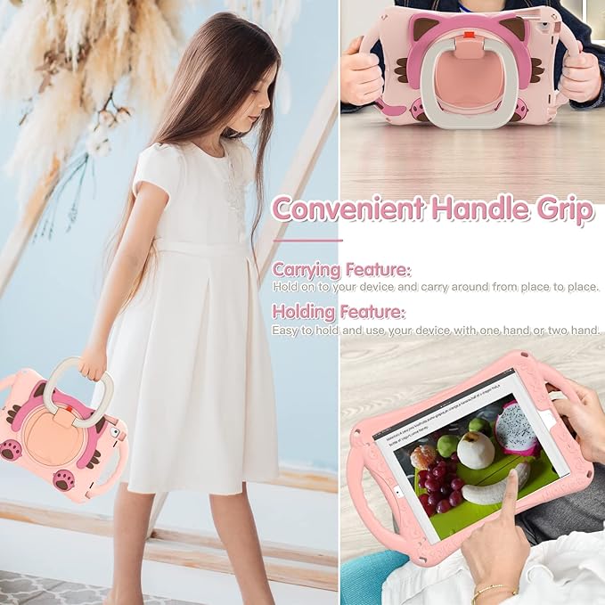 BRAECN Case for iPad 9.7 inch 6th Generation 2018/ iPad 5th Gen 2017, iPad Air 2/ Air 1/ iPad Pro 9.7'', Protective Cover with Pencil Holder & Kickstand & Shoulder Strap, Cute Cat Case for Kids-Pink