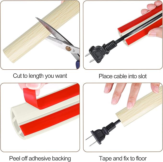 MYFAMIREA 3.3FT Floor Cord Cover for Wire Self Adhesive Cable Cavity Management PVC Extension Cord Hider Power Floor Wire Protector Prevent Cable Trips for Office Home Outdoor (Beige Wood, 1.18'')